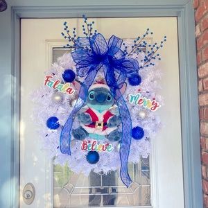 Handmade santa stitch wreath blue